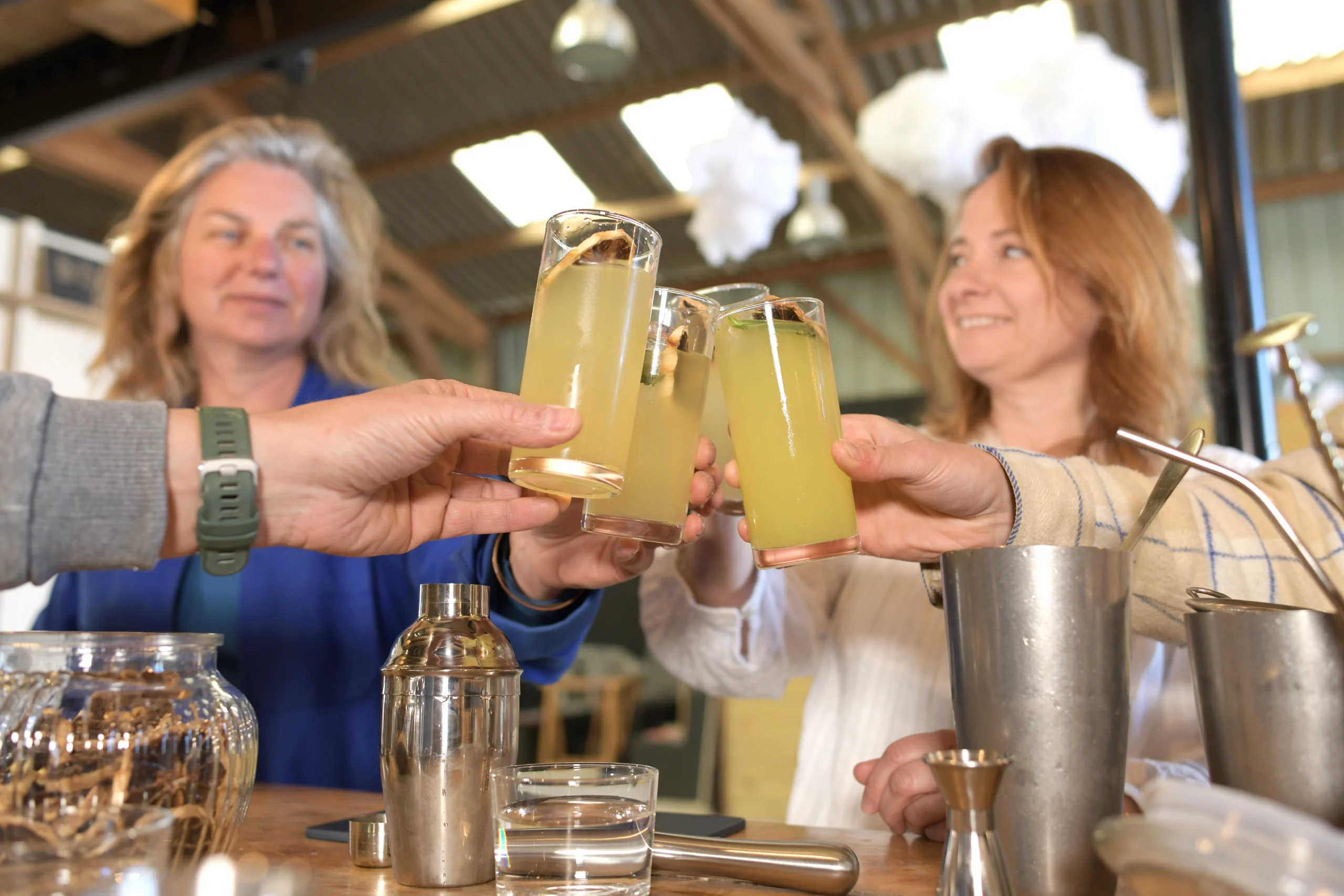 participants atelier cocktail sabulle cocktail entrain de trinquer avec un cocktail à la main en bretagne